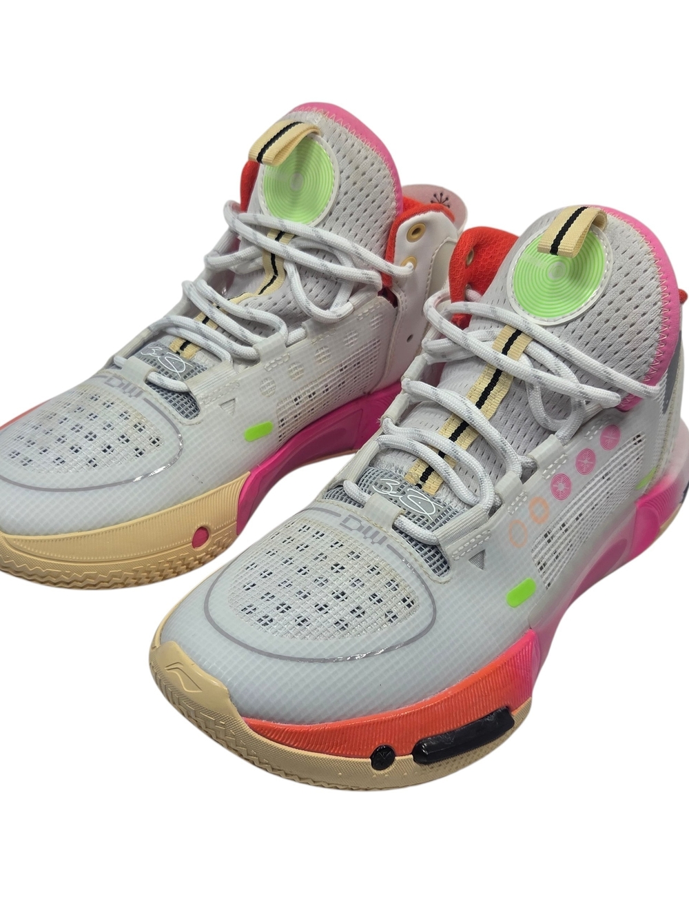 Men's White Athletic Shoes with Pink, Neon Green & Tan Accents. Size 8